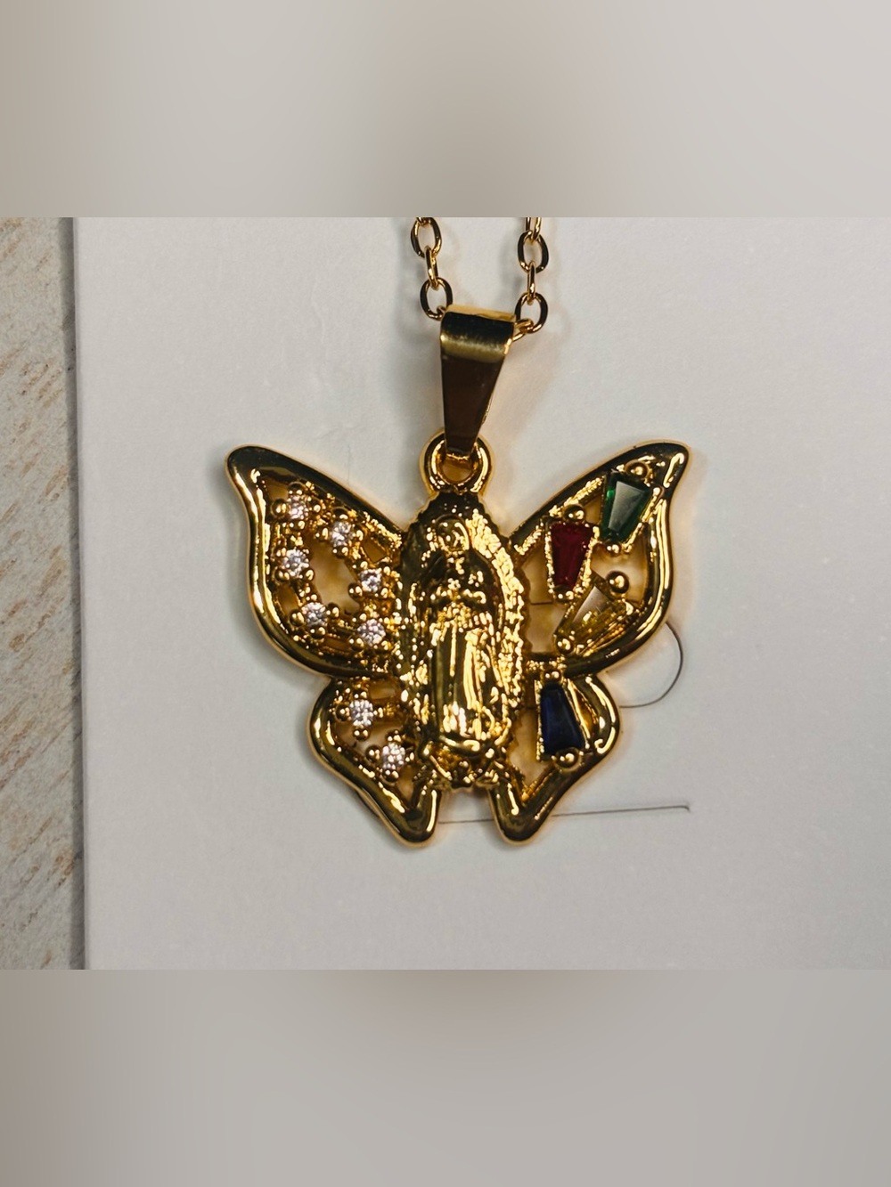 Gold Tone Virgin Mary Butterfly Necklace – Stainless Steel Religious Pendant
